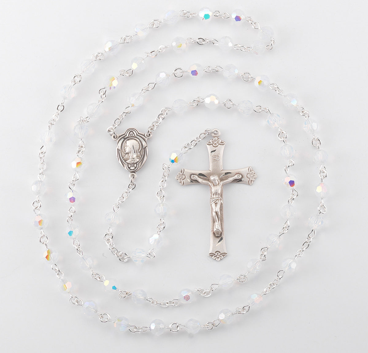 Round Opal Swarovski Crystal Sterling Silver Rosary