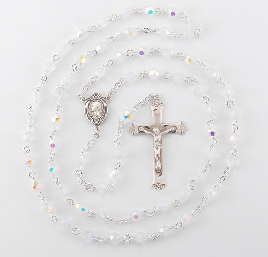 Round Opal Swarovski Crystal Sterling Silver Rosary