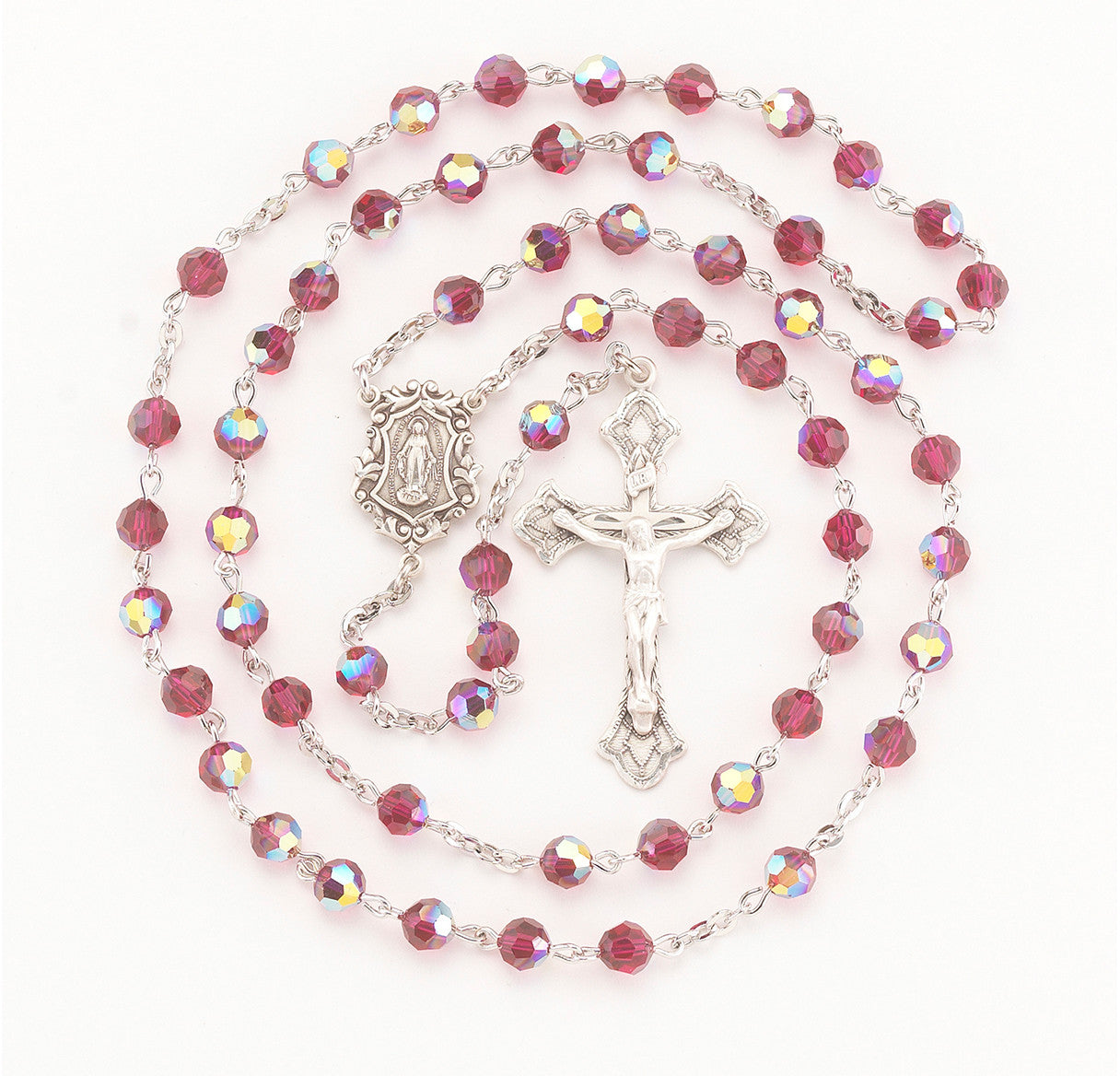 Round Ruby Swarovski Crystal Sterling Silver Rosary