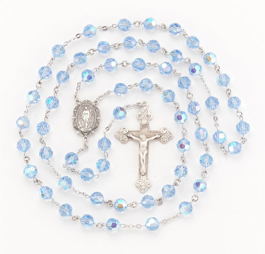 Light Sapphire Swarovski Crystal Sterling Silver Rosary | 8mm Beads