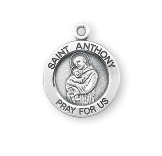 Patron Saint Anthony Small Round Sterling Silver Medal | 18" Chain