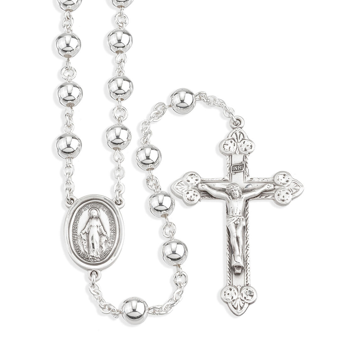 High Polished Sterling Silver Rosary | Ivy Leaf Miraculous Medal Center | Leaf Budded Crucifix