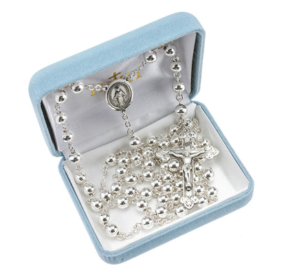 High Polished Sterling Silver Rosary | Ivy Leaf Miraculous Medal Center | Leaf Budded Crucifix