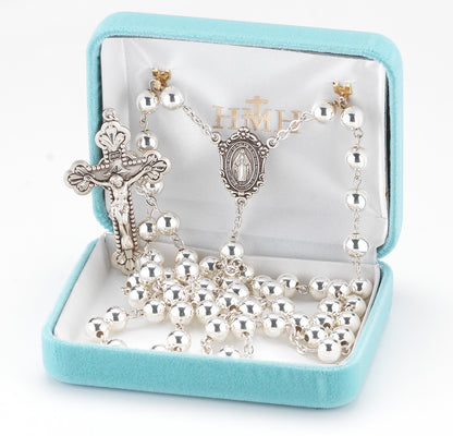 High Polished Sterling Silver Rosary | Ivy Leaf Miraculous Medal Center | Leaf Budded Crucifix