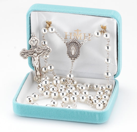 High Polished Sterling Silver Rosary | Ivy Leaf Miraculous Medal Center | Leaf Budded Crucifix
