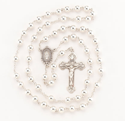 High Polished Sterling Silver Rosary | Ivy Leaf Miraculous Medal Center | Leaf Budded Crucifix