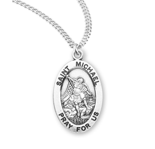 Patron Saint Michael Oval Sterling Silver Medal | 20" Chain