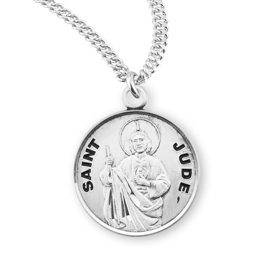 Patron Saint Jude Large Round Sterling Silver Medal | 20" Chain