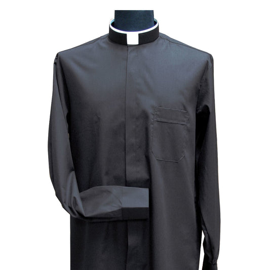 Black Clergy Shirt | Tonsure/Roman Collar | Long Sleeve | Poly/Cotton | Made in Italy