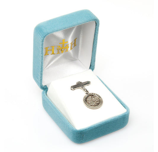 Sterling Silver Baby Holy Baptism Round Medal on a Bar Pin