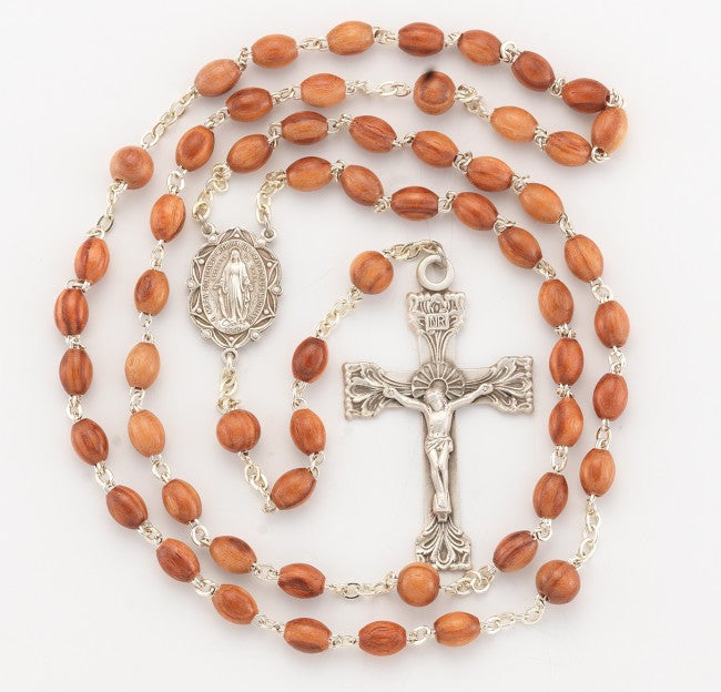 Brown Oval Genuine Rosewood Bead Rosary with Sterling Silver