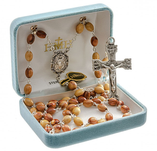 Brown Oval Genuine Rosewood Bead Rosary with Sterling Silver