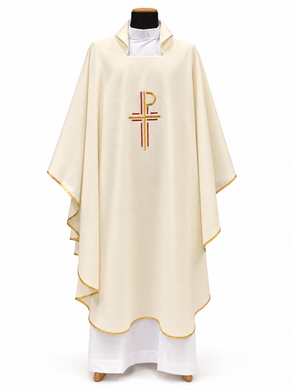 #633 Embroidered Chi Rho Cross Chasuble | Square Collar | Poly/Gold Thread | All Colors