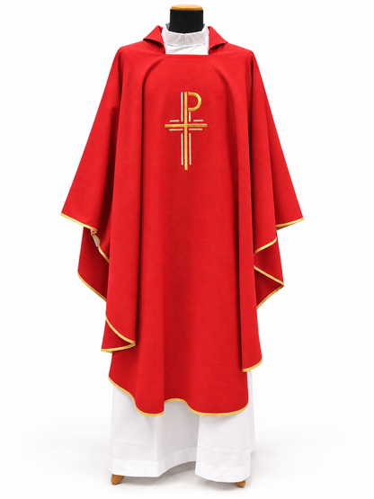 #633 Embroidered Chi Rho Cross Chasuble | Square Collar | Poly/Gold Thread | All Colors