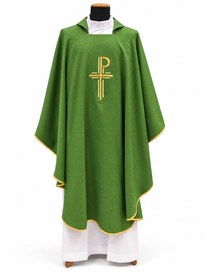 #633 Embroidered Chi Rho Cross Chasuble | Square Collar | Poly/Gold Thread | All Colors