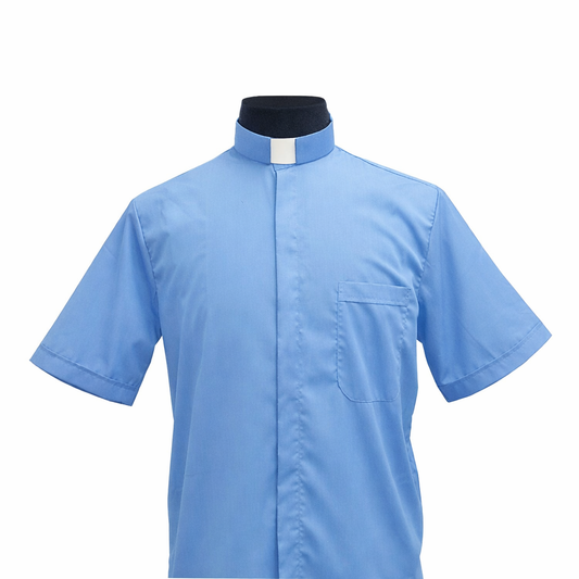Light Blue Clergy Shirt | Tab Collar | Short Sleeve | Poly/Cotton | Made in Italy