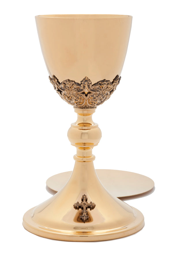 Ornate Cross Chalice & Paten | 9 1/2", 12oz. | 24K Gold Plated