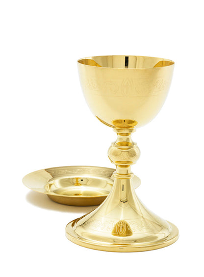 Engraved Chalice & Well Paten | 8", 12oz. | 24K Gold Plated
