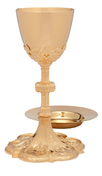 Ornately Engraved Chalice & Paten | 9 5/8", 12oz. | 24K Gold Plated