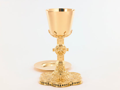 Ornate Engraved Chalice & Paten | 8-7/8", 11oz. | 24K Gold Plated | Ornate Engraving