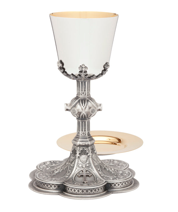 Ornate Engraved Chalice & Paten | 8-7/8", 11oz. | Silver Plated | 24K Gold Lined