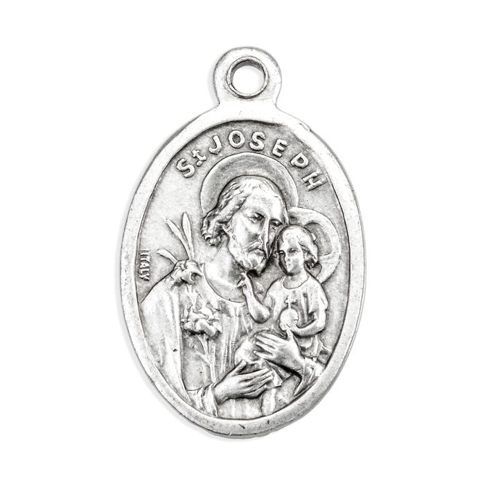 Oval Antiqued Silver Oxidized Saint Joseph and Sacred Heart Medal