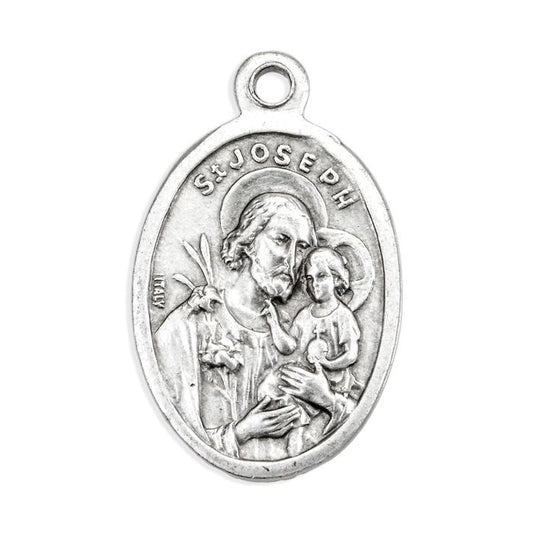 Oval Antiqued Silver Oxidized Saint Joseph and Sacred Heart Medal