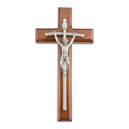 Genuine Pewter Papal Crucifix Mounted on 10" Walnut Cross