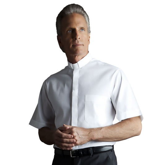 White Clergy Shirt | Tab Collar | Short Sleeve | Poly/Cotton | Made in Italy