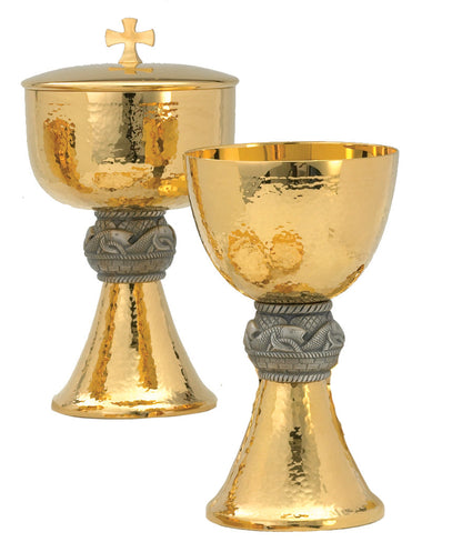 8" Fish Node Traditional Covered Ciborium | 24K Gold Plated | Hammered Texture