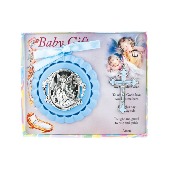 Blue Guardian Angel Crib Medal with Crucifix