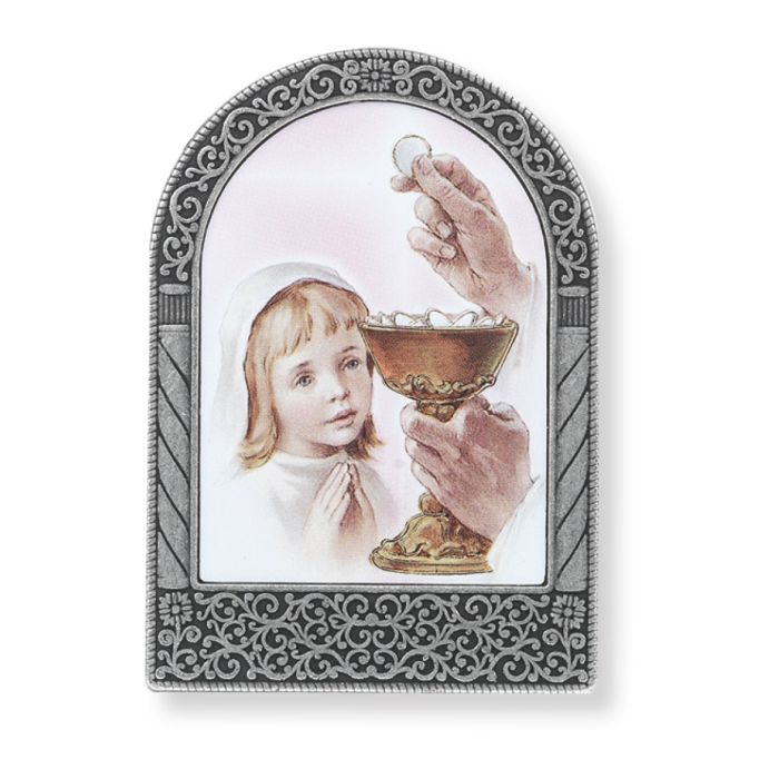 Antique Silver Metal Arched Easel with Gold Embossed Communion Girl