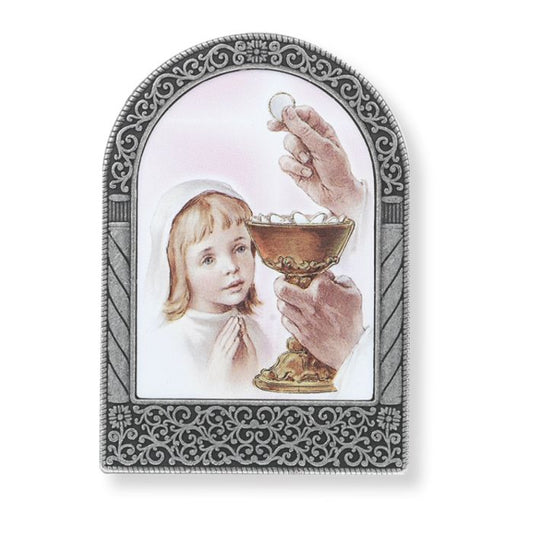 Antique Silver Metal Arched Easel with Gold Embossed Communion Girl