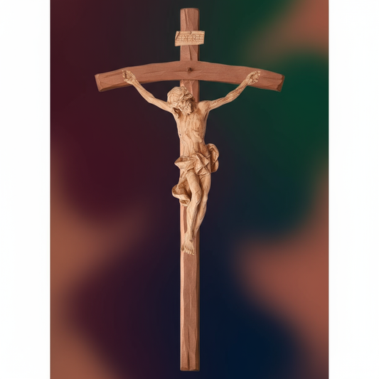 Baroque Natural Oak Bent Crucifix with Colored Background