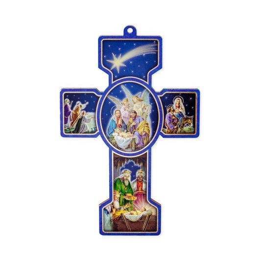 Wooden Nativity Scene Christmas Cross with Card