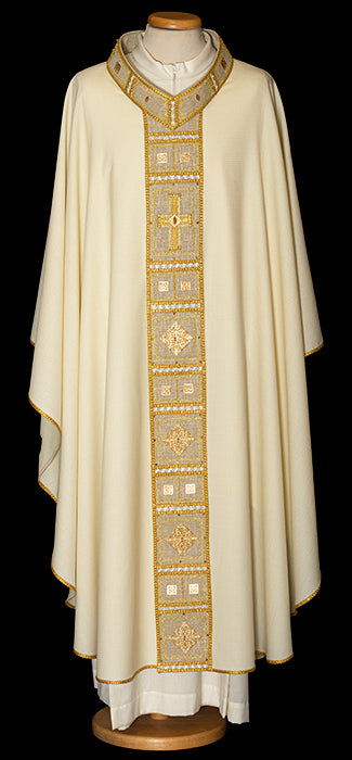 Ornate Swarovski Stone Italian Embroidered Chasuble | V Collar | 100% Wool | All Colors