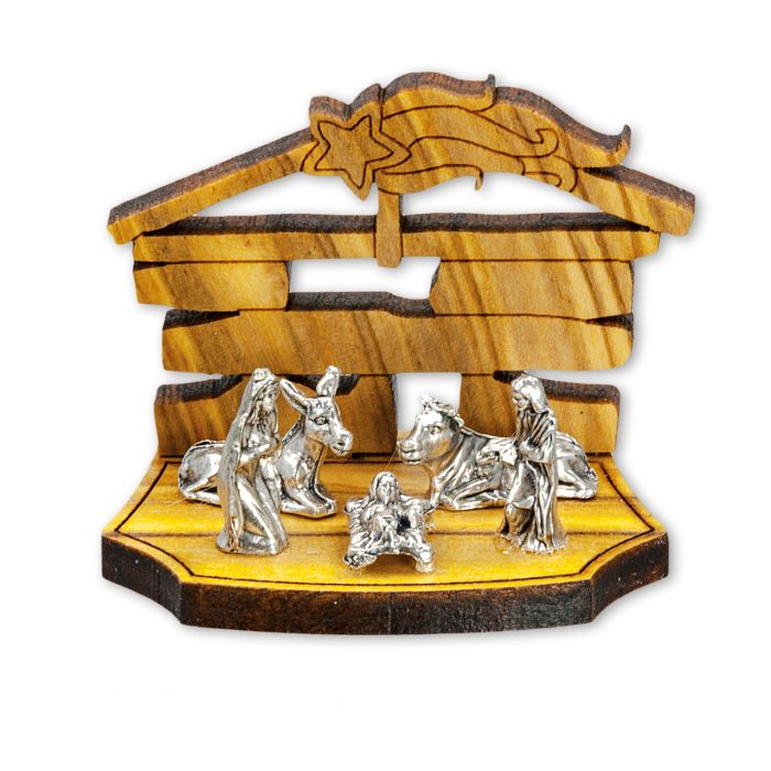 Laser Cut Olive Wood Nativity with Metal Figurines