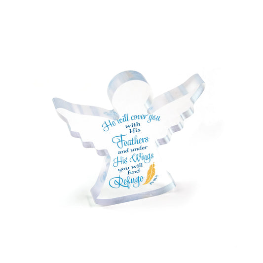 "He will cover you..." Angel Acrylic Prayer Desk Plaque