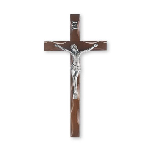 10" Walnut Notched Crucifix with Antique Silver Finish Corpus