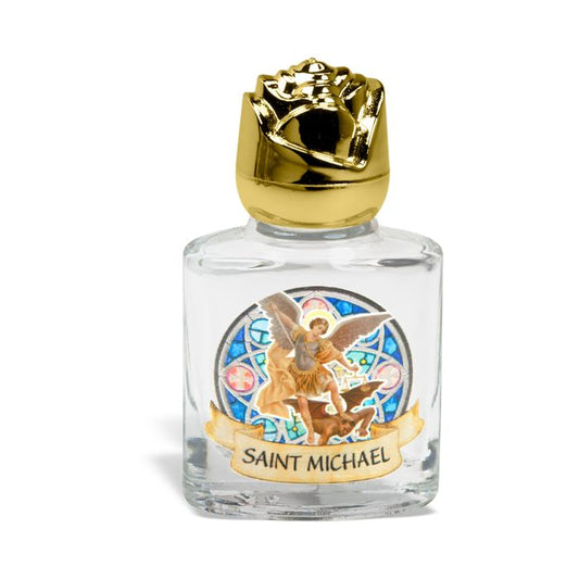 Glass Saint Michael Holy Water Bottle with Gold Rose Cap