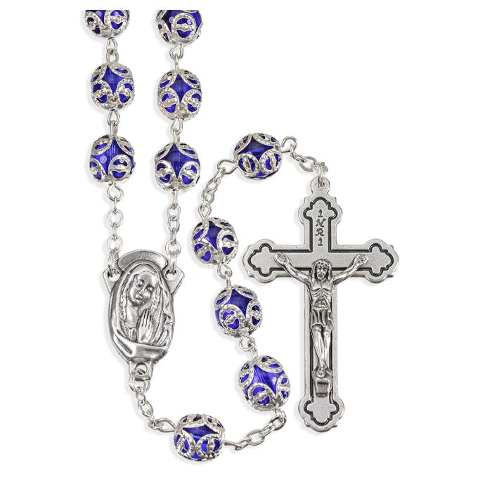 Filigree Capped Blue Bead Rosary