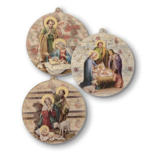 3 ½" Wooden Nativity Scene Ornaments. Set of 3. Made in Italy