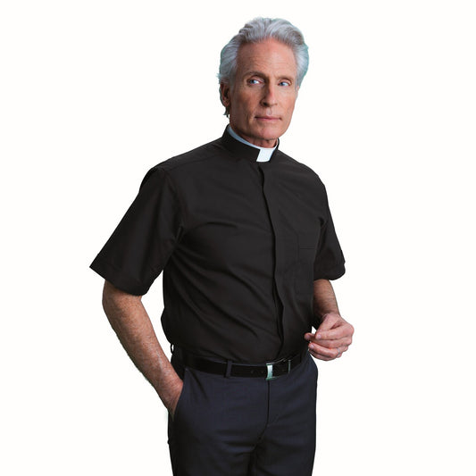 Black Romano Clergy Shirt | Tonsure Collar | Short Sleeve | Poly/Cotton | Made in Italy