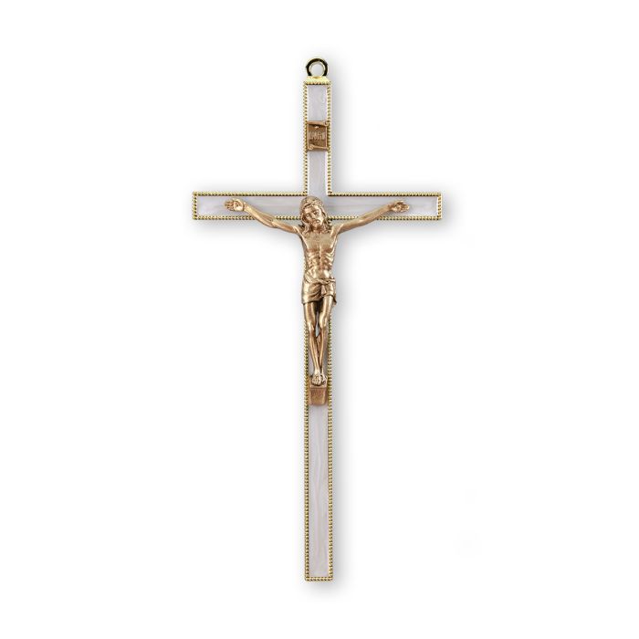 White Epoxied Cross with Museum Gold Tone Corpus