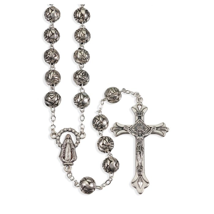 Rosebud Design Bead Silver Rosary