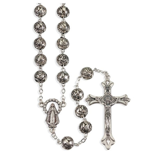 Rosebud Design Bead Silver Rosary