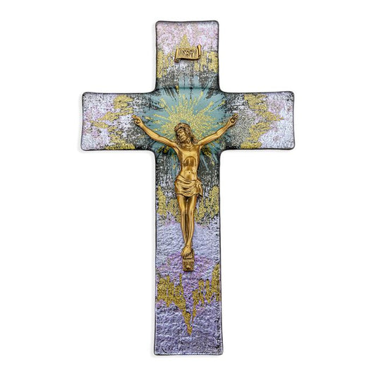 10" Purple and Gold Burst Glass Crucifix