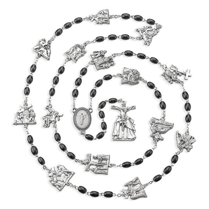 Black Glass Via Crucis Bead Rosary with Stations of the Cross