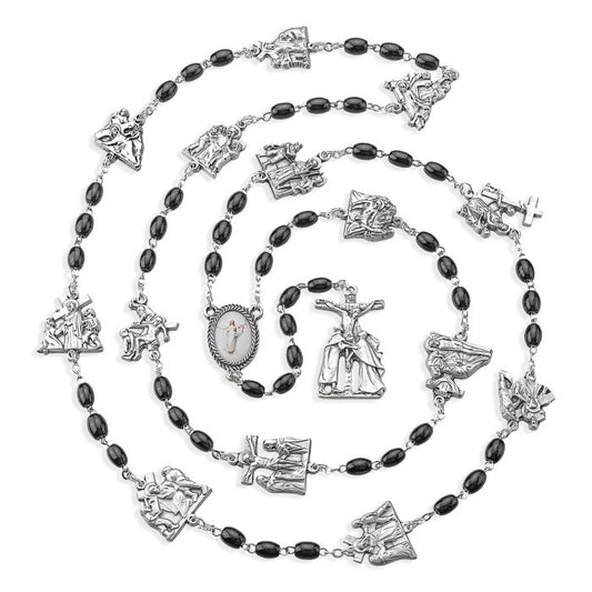 Black Glass Via Crucis Bead Rosary with Stations of the Cross