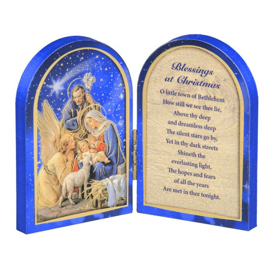 Nativity Scene with Christmas Blessings Standing Natural Wood Diptych